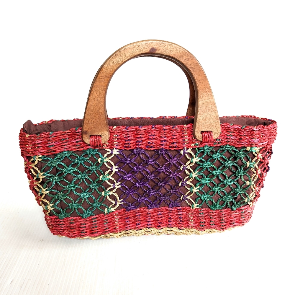 VINTAGE Woven wicker rattan basket with wooden handles beach summer boho